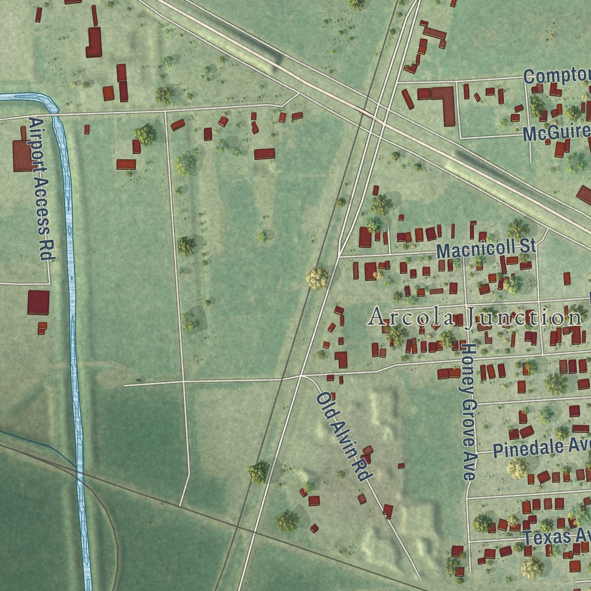 Close-up of the map of Arcola, Texas print showing street and building detail