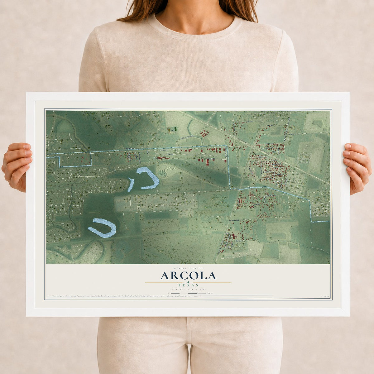 Map of Arcola, Texas, 12 x 18 inch print in a white wood frame