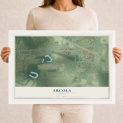 Map of Arcola, Texas, 12 x 18 inch print in a white wood frame