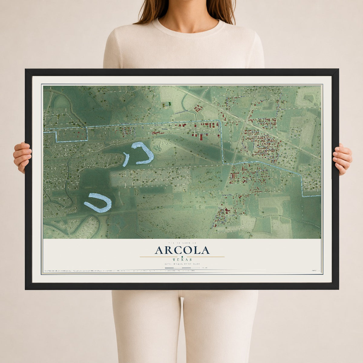 Map of Arcola, Texas, 24 x 36 inch print in a black wood frame