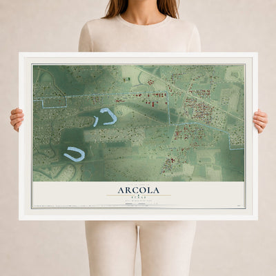 Map of Arcola, Texas, 24 x 36 inch print in a white wood frame