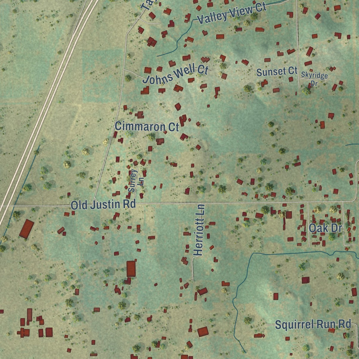 Second close-up of the map of Argyle, Texas print showing more streets and buildings