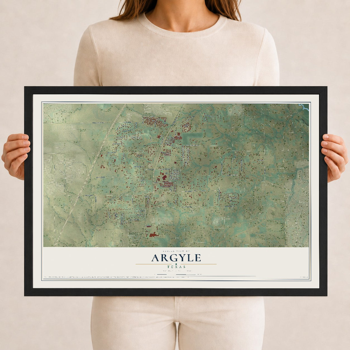 Map of Argyle, Texas, 12 x 18 inch print in a black wood frame
