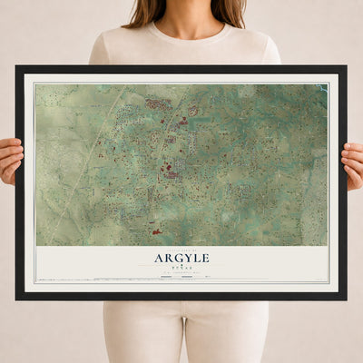 Map of Argyle, Texas, 18 x 24 inch print in a black wood frame