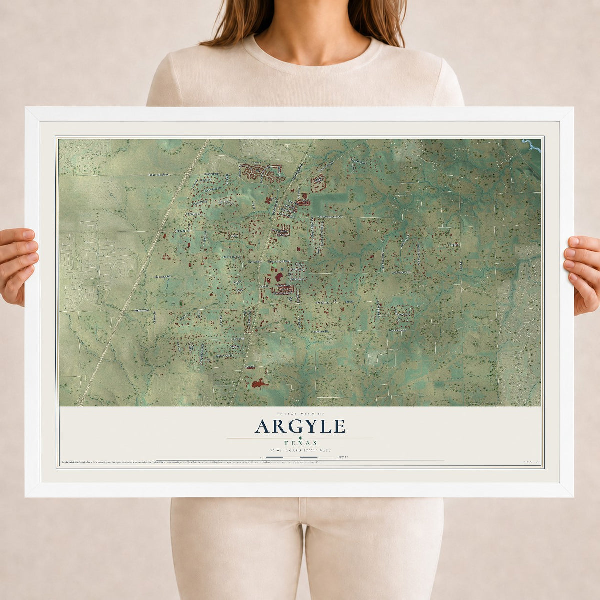 Map of Argyle, Texas, 18 x 24 inch print in a white wood frame