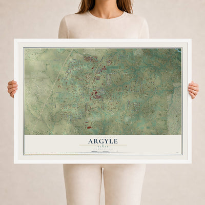 Map of Argyle, Texas, 24 x 36 inch print in a white wood frame