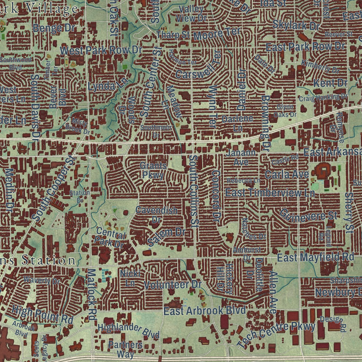 Close-up of the map of Arlington, Texas print showing street and building detail