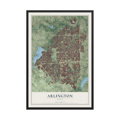 Map of Arlington, Texas, 12 x 18 inch print in a black wood frame
