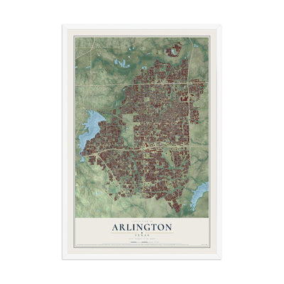 Map of Arlington, Texas, 12 x 18 inch print in a white wood frame
