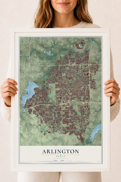 Map of Arlington, Texas, 18 x 24 inch print in a white wood frame