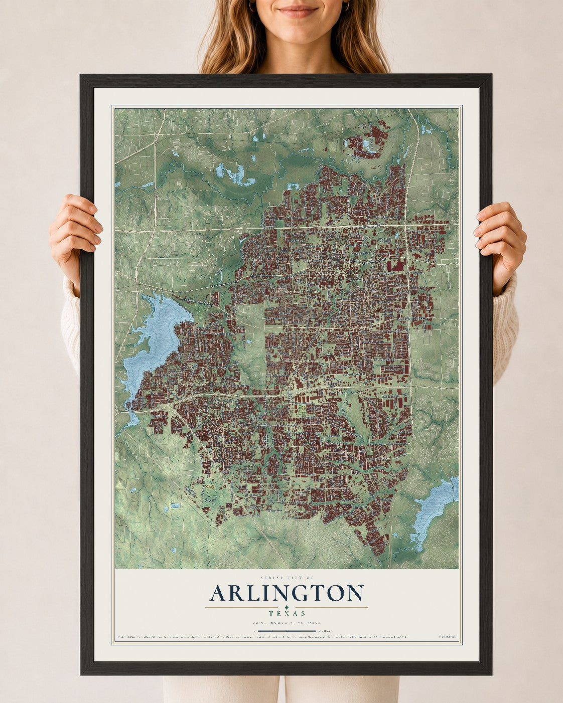 Map of Arlington, Texas, 24 x 36 inch print in a black wood frame