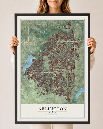 Map of Arlington, Texas, 24 x 36 inch print in a black wood frame