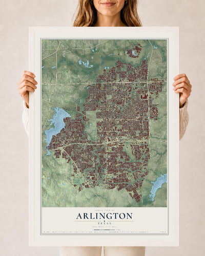 Map of Arlington, Texas, 24 x 36 inch print in a white wood frame