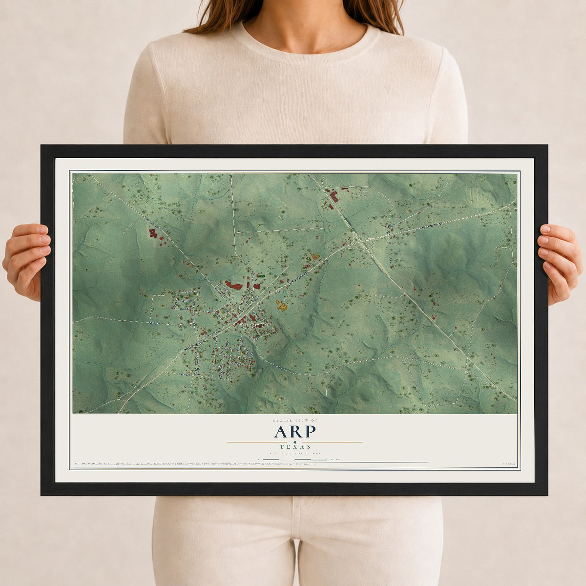 Map of Arp, Texas, 12 x 18 inch print in a black wood frame