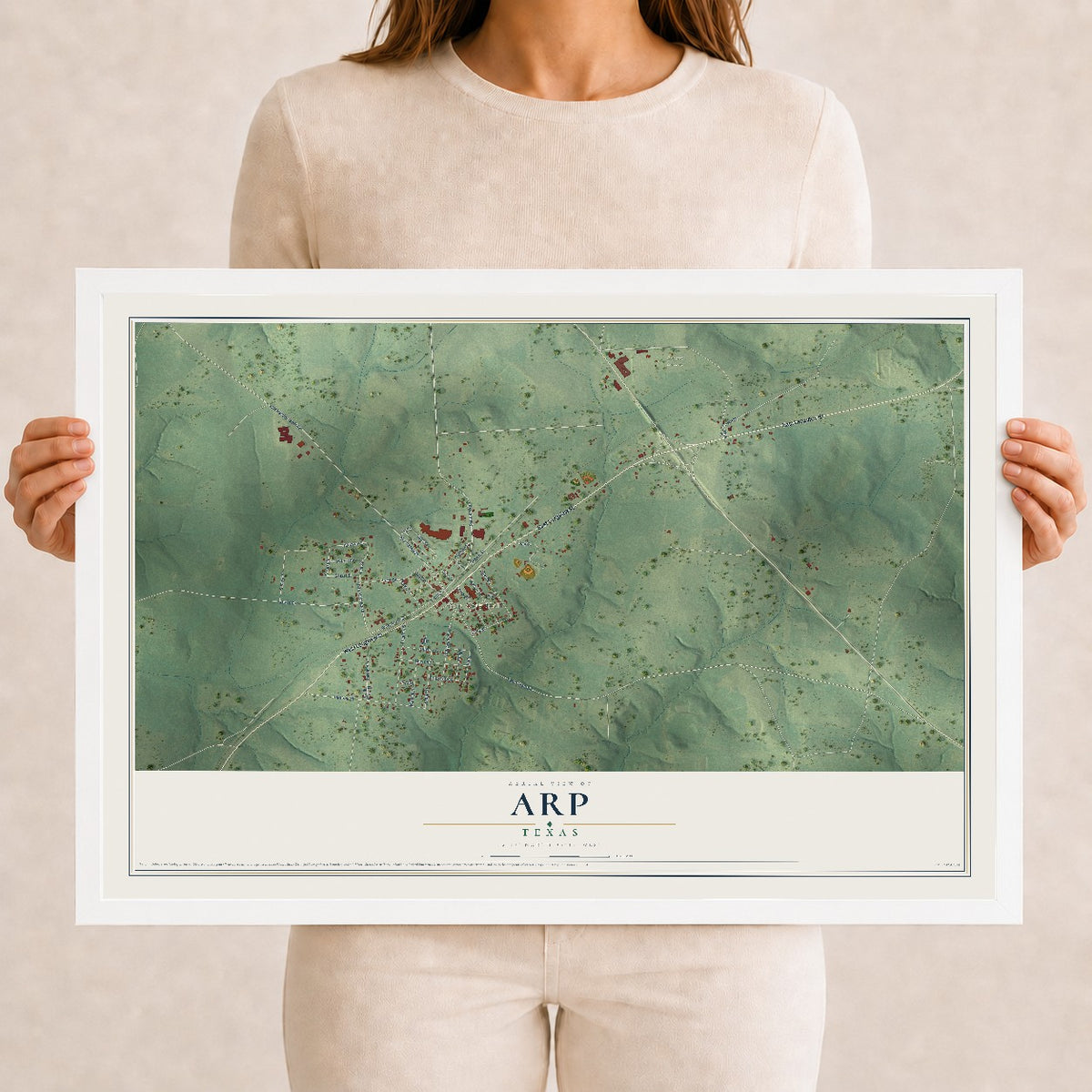Map of Arp, Texas, 12 x 18 inch print in a white wood frame
