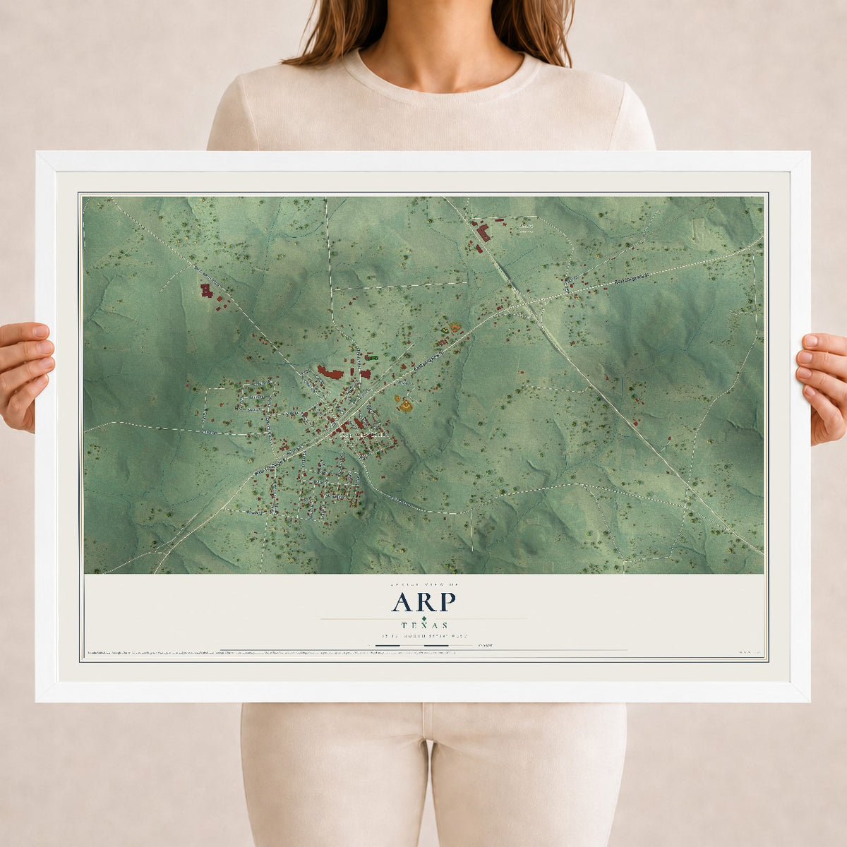 Map of Arp, Texas, 18 x 24 inch print in a white wood frame