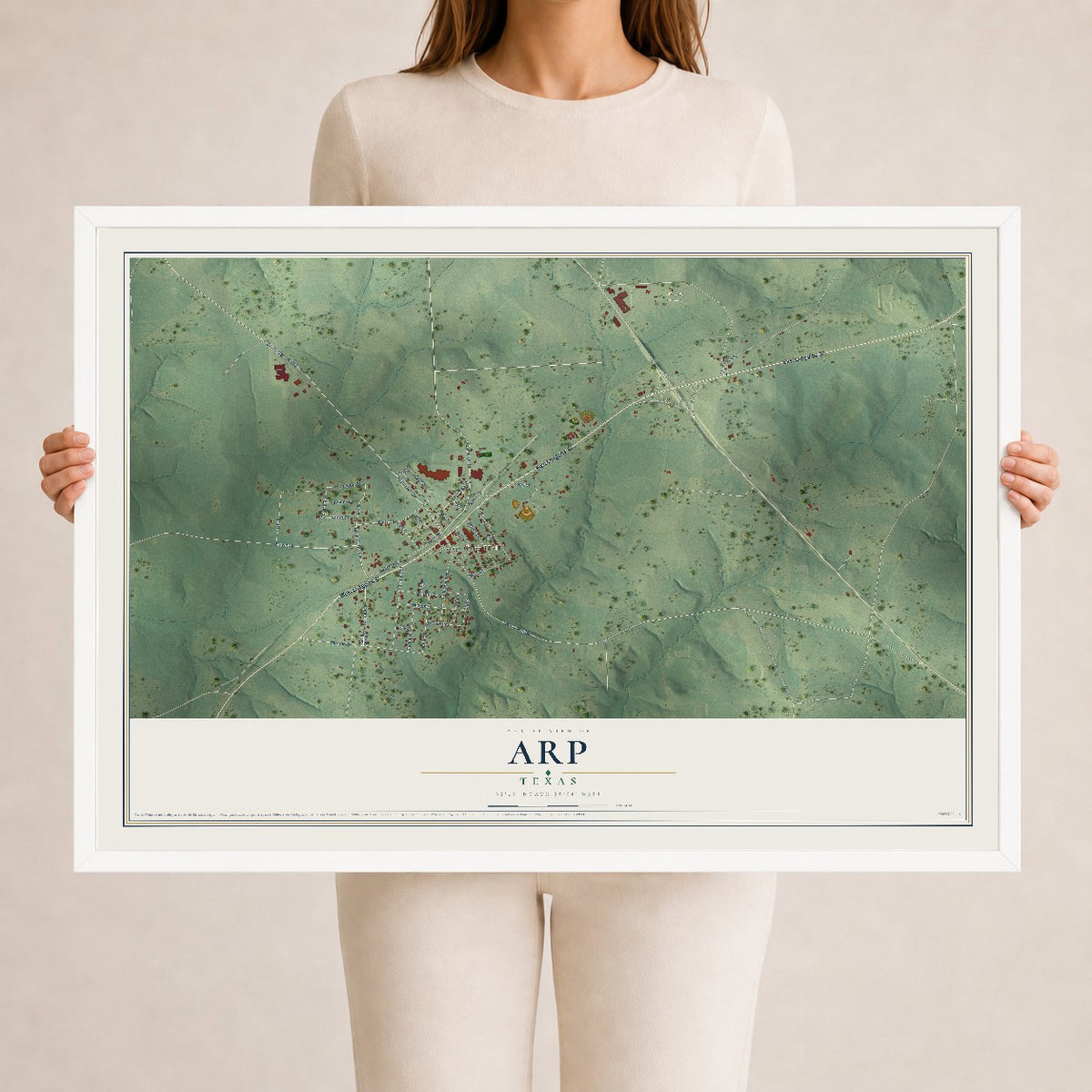Map of Arp, Texas, 24 x 36 inch print in a white wood frame