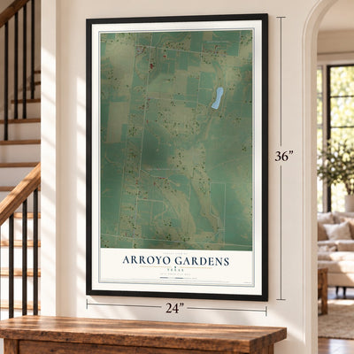 Arroyo Gardens, Texas map, 24 x 36 inch print in a black frame by a staircase