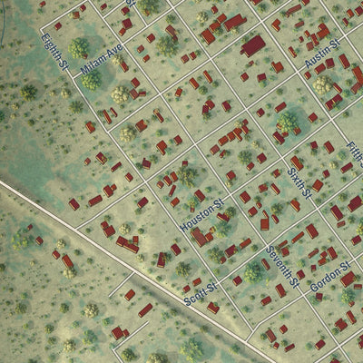 Close-up of the map of Asherton, Texas print showing street and building detail