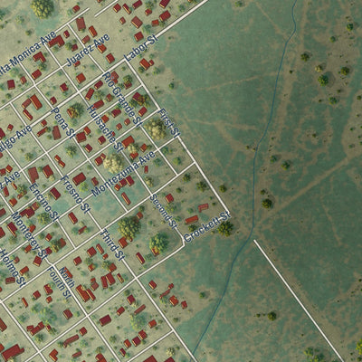 Second close-up of the map of Asherton, Texas print showing more streets and buildings