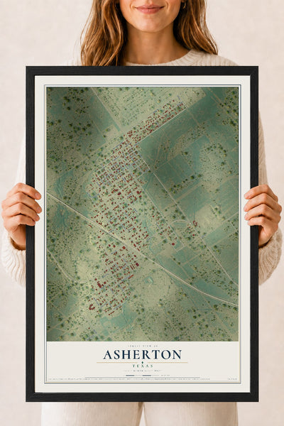 Map of Asherton, Texas, 18 x 24 inch print in a black wood frame