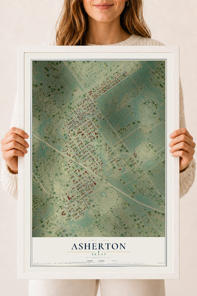 Map of Asherton, Texas, 18 x 24 inch print in a white wood frame