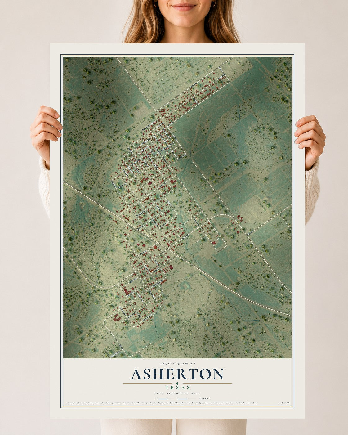 Map of Asherton, Texas, 24 x 36 inch unframed archival matte print