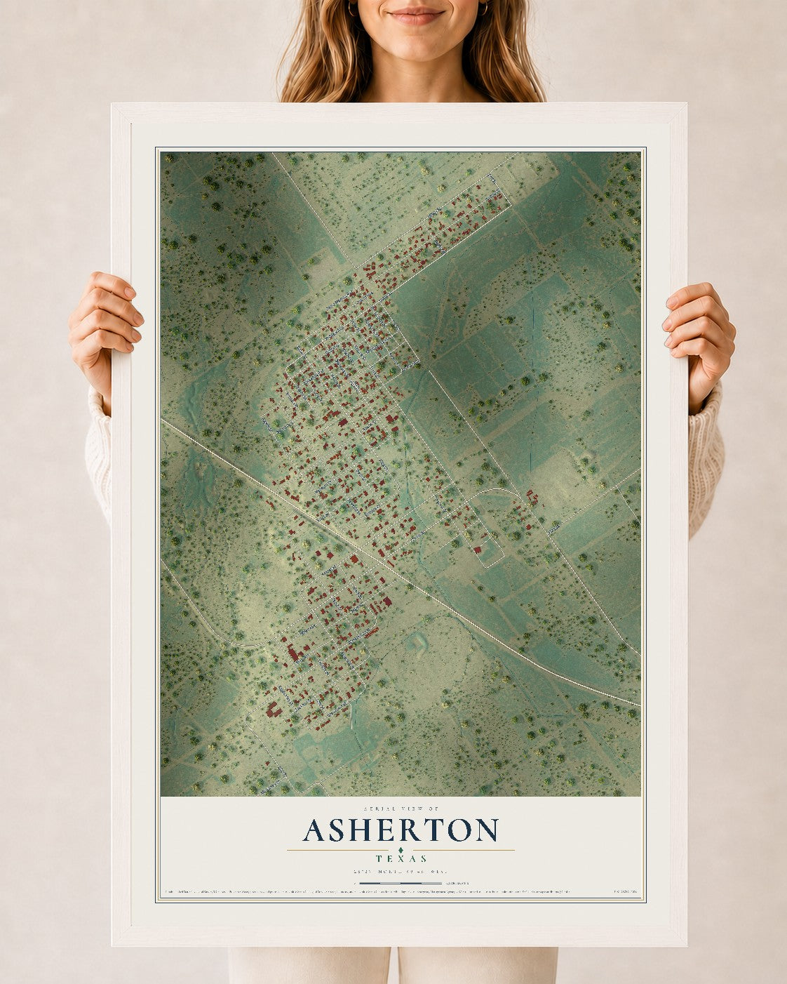 Map of Asherton, Texas, 24 x 36 inch print in a white wood frame