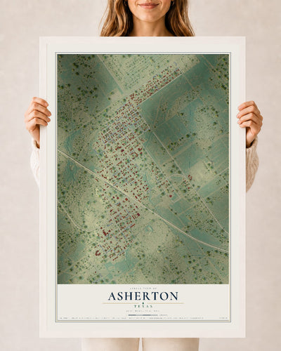 Map of Asherton, Texas, 24 x 36 inch print in a white wood frame