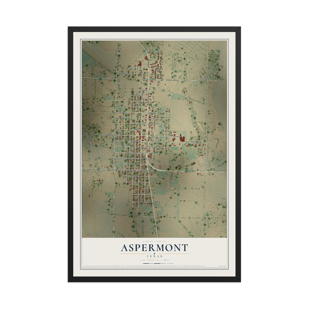 Map of Aspermont, Texas, 12 x 18 inch print in a black wood frame