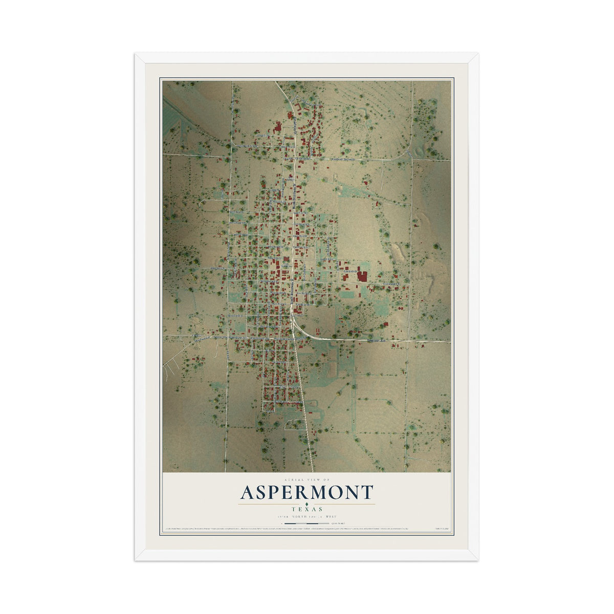 Map of Aspermont, Texas, 12 x 18 inch print in a white wood frame