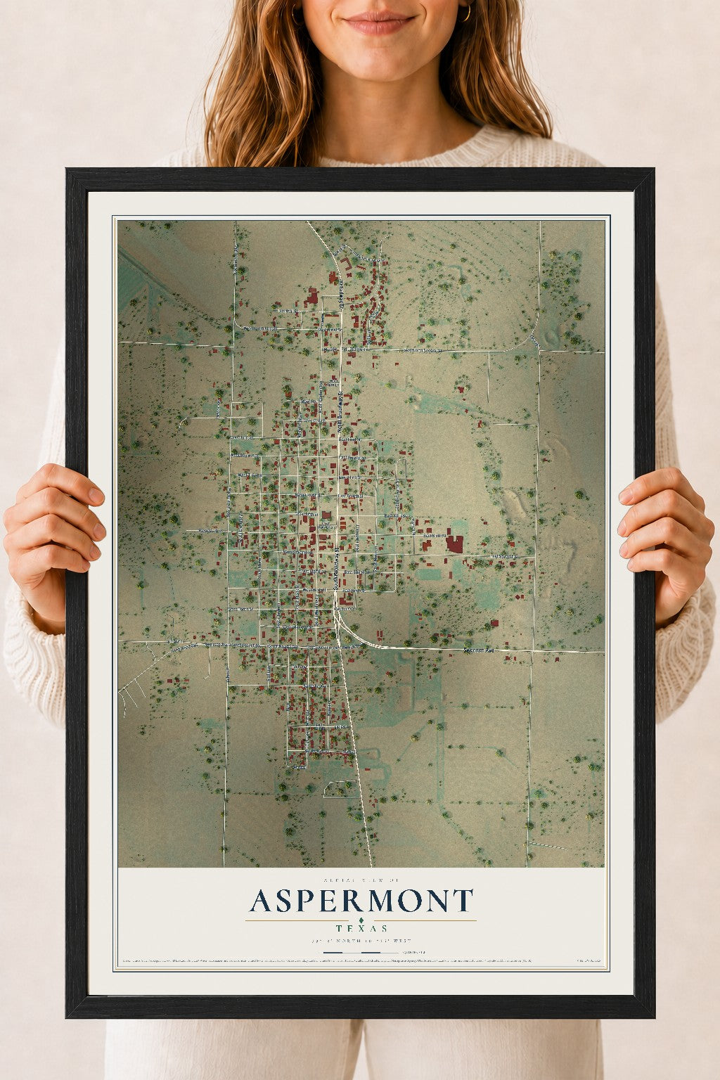 Map of Aspermont, Texas, 18 x 24 inch print in a black wood frame