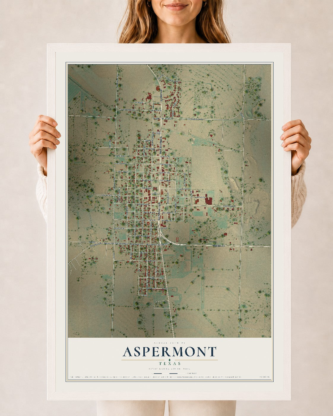 Map of Aspermont, Texas, 24 x 36 inch print in a white wood frame