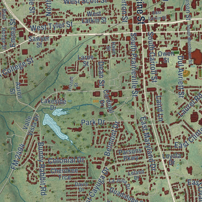 Close-up of the map of Athens, Texas print showing street and building detail