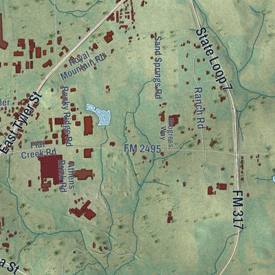 Second close-up of the map of Athens, Texas print showing more streets and buildings