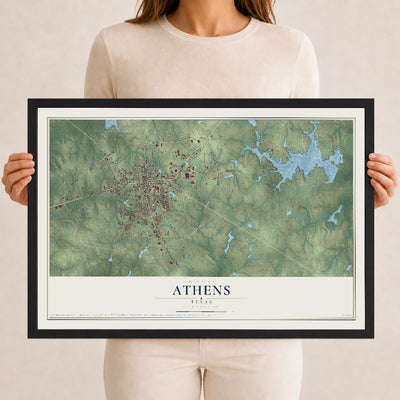 Map of Athens, Texas, 12 x 18 inch print in a black wood frame
