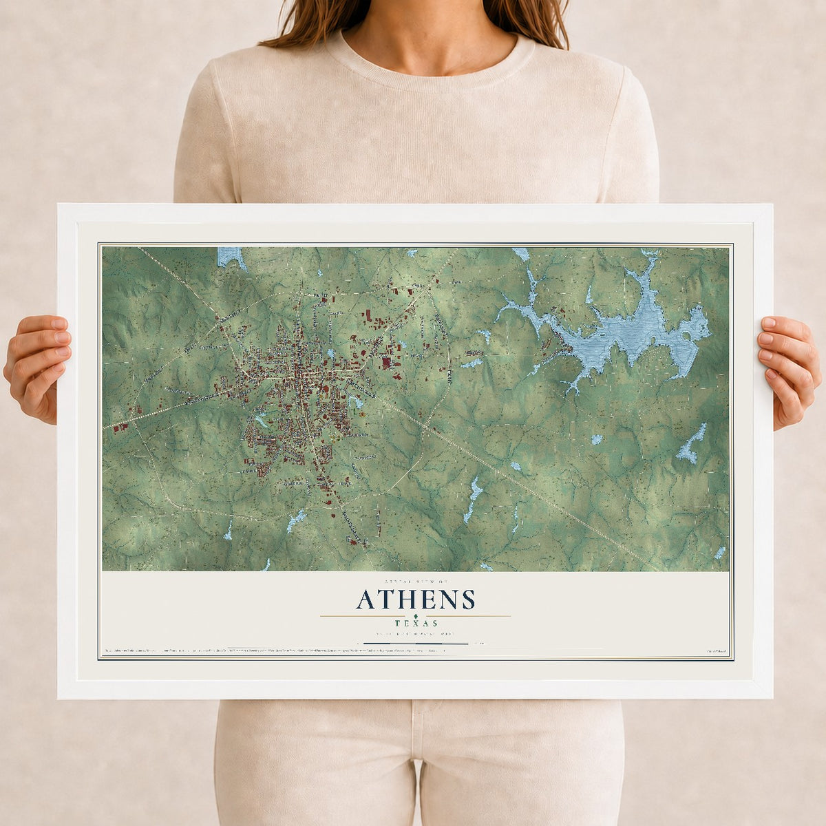 Map of Athens, Texas, 12 x 18 inch print in a white wood frame