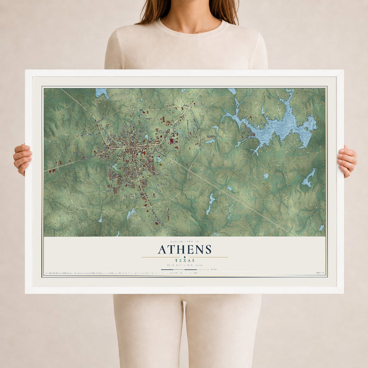 Map of Athens, Texas, 24 x 36 inch print in a white wood frame