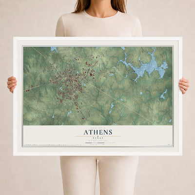Map of Athens, Texas, 24 x 36 inch print in a white wood frame