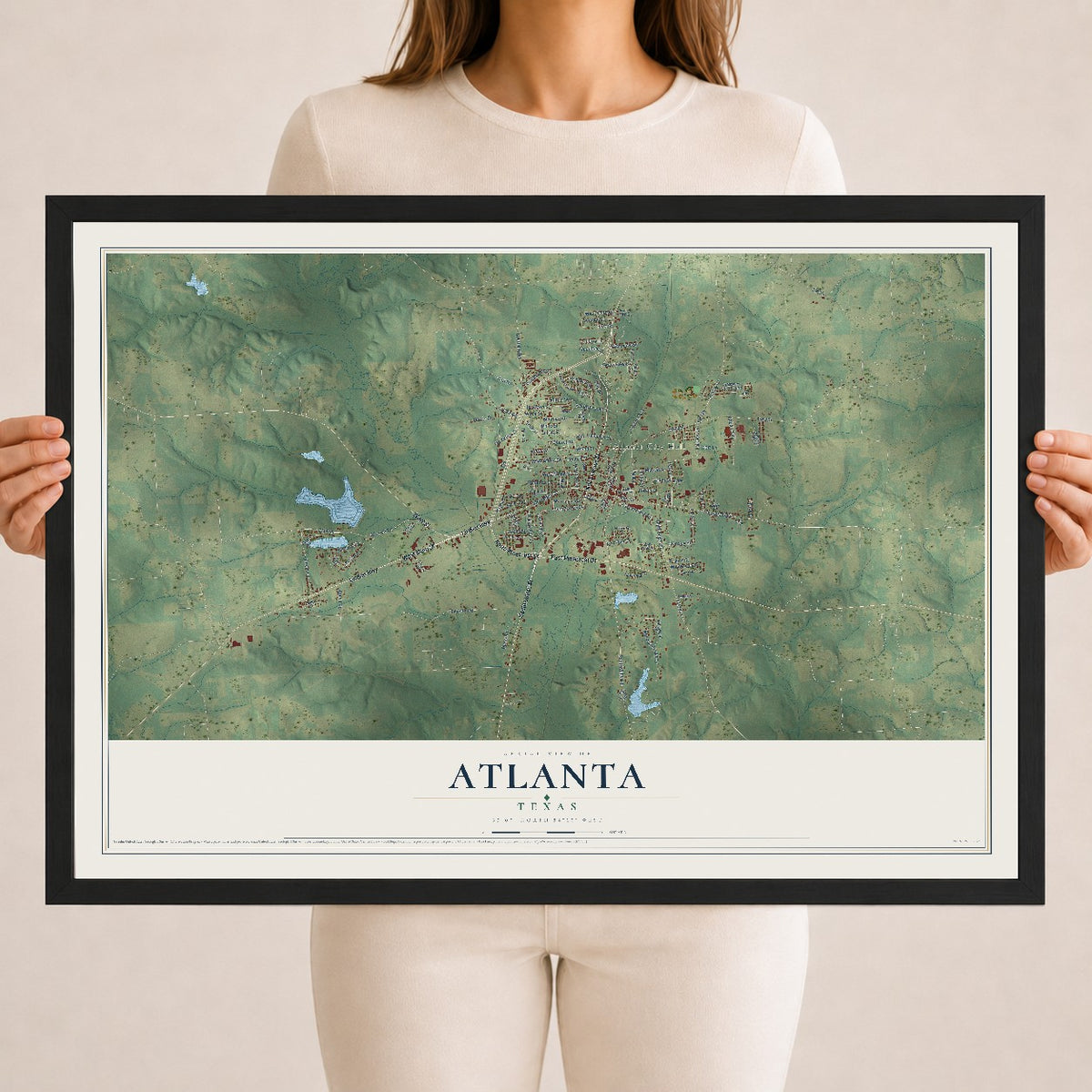 Map of Atlanta, Texas, 18 x 24 inch print in a black wood frame