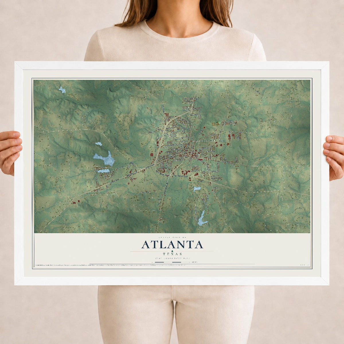 Map of Atlanta, Texas, 18 x 24 inch print in a white wood frame