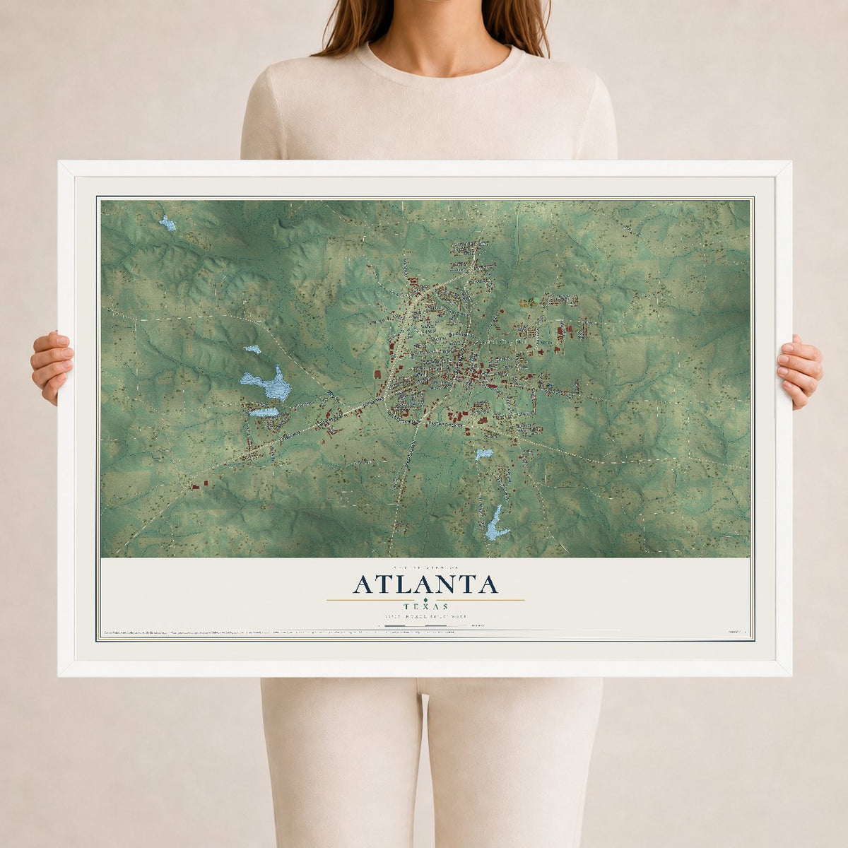 Map of Atlanta, Texas, 24 x 36 inch print in a white wood frame