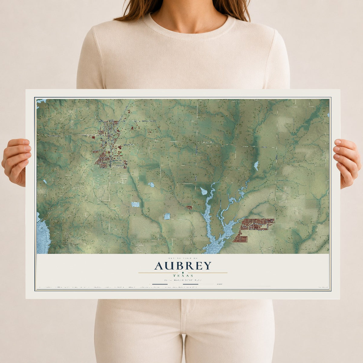 Map of Aubrey, Texas, 12 x 18 inch unframed archival matte print