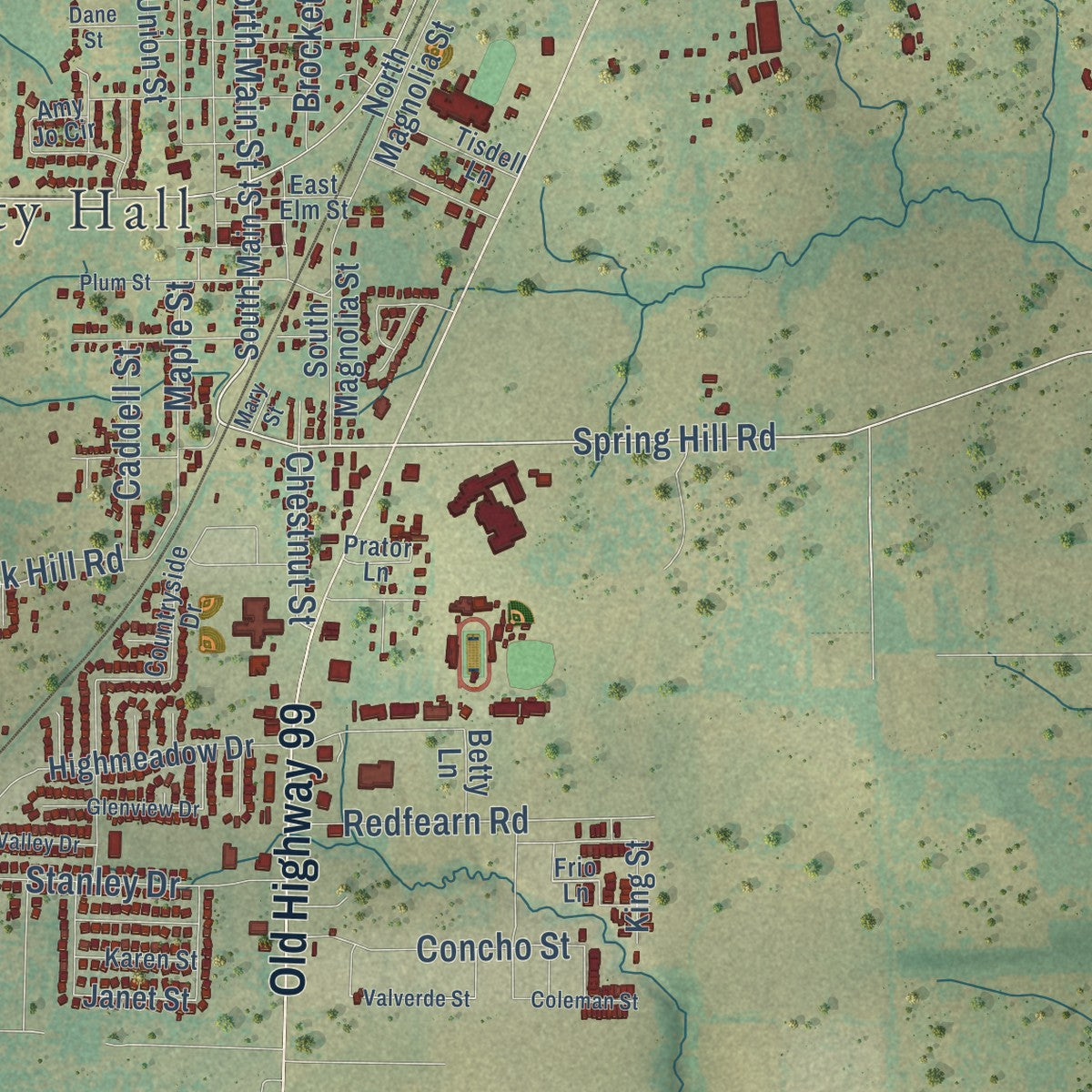 Close-up of the map of Aubrey, Texas print showing street and building detail