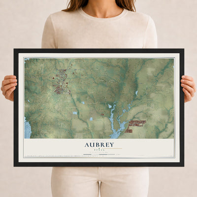 Map of Aubrey, Texas, 12 x 18 inch print in a black wood frame