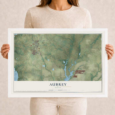 Map of Aubrey, Texas, 12 x 18 inch print in a white wood frame