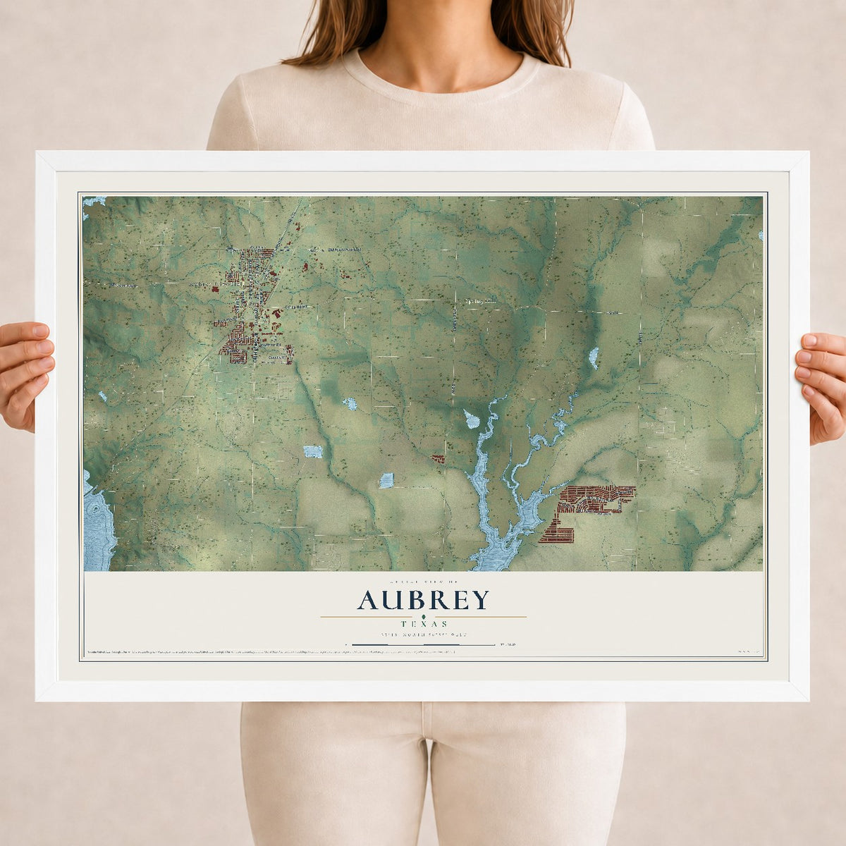 Map of Aubrey, Texas, 18 x 24 inch print in a white wood frame