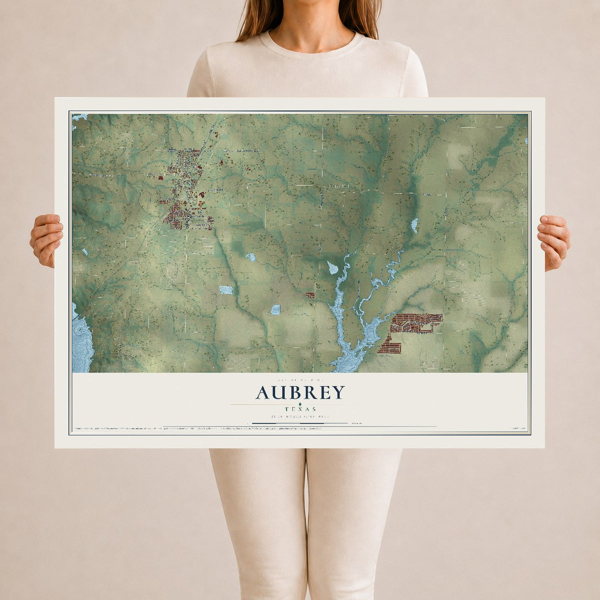 Map of Aubrey, Texas, 24 x 36 inch unframed archival matte print