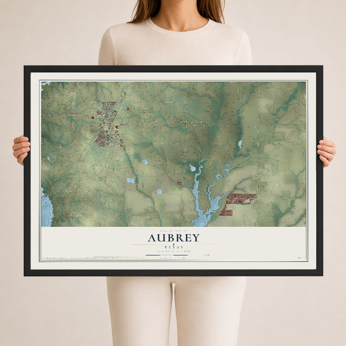 Map of Aubrey, Texas, 24 x 36 inch print in a black wood frame
