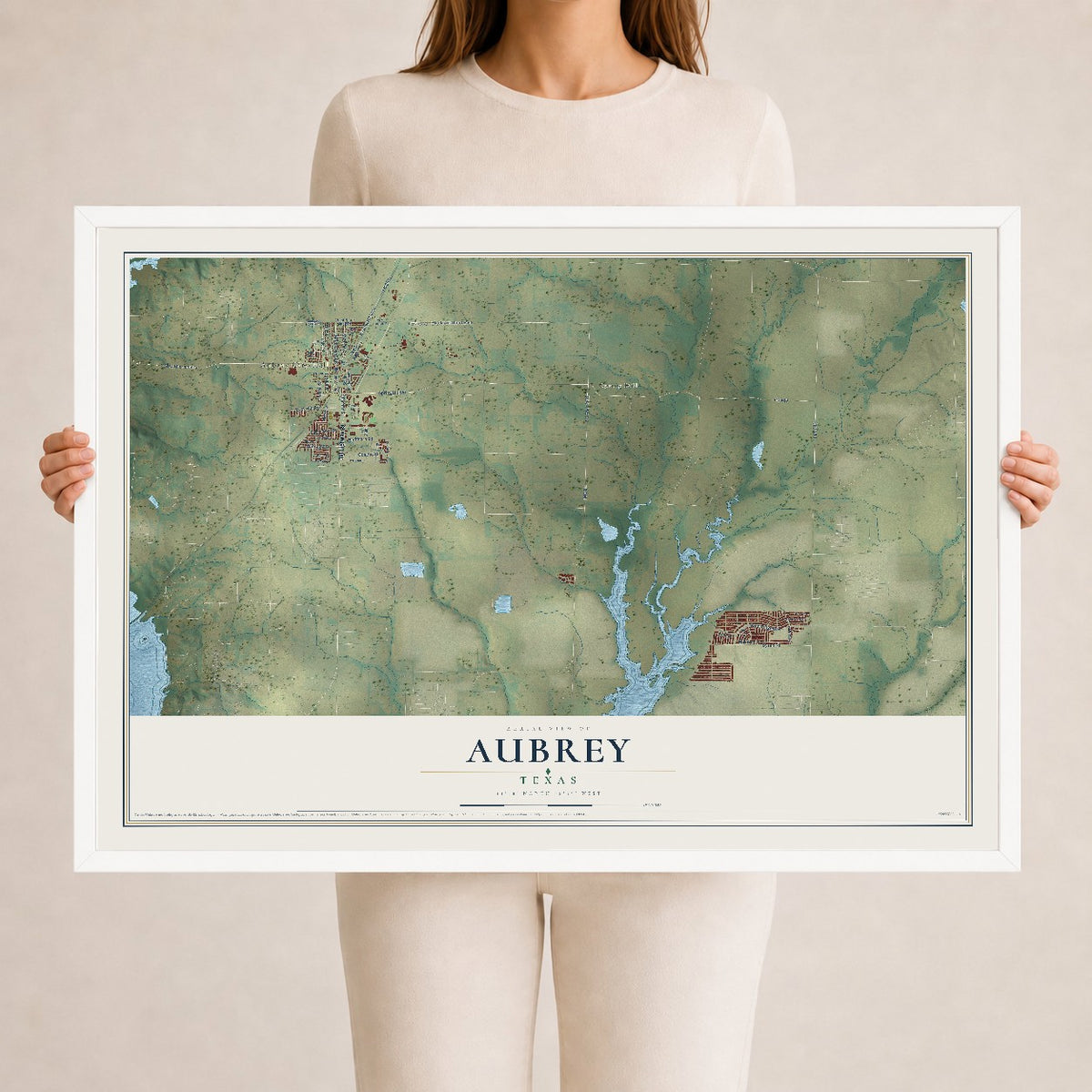 Map of Aubrey, Texas, 24 x 36 inch print in a white wood frame